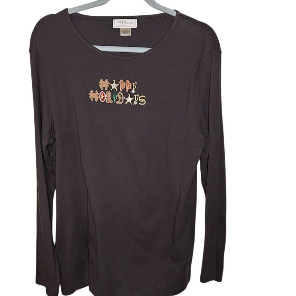 Women's 3XL Black Long Sleeve "Happy Holidays" Embroidered Top